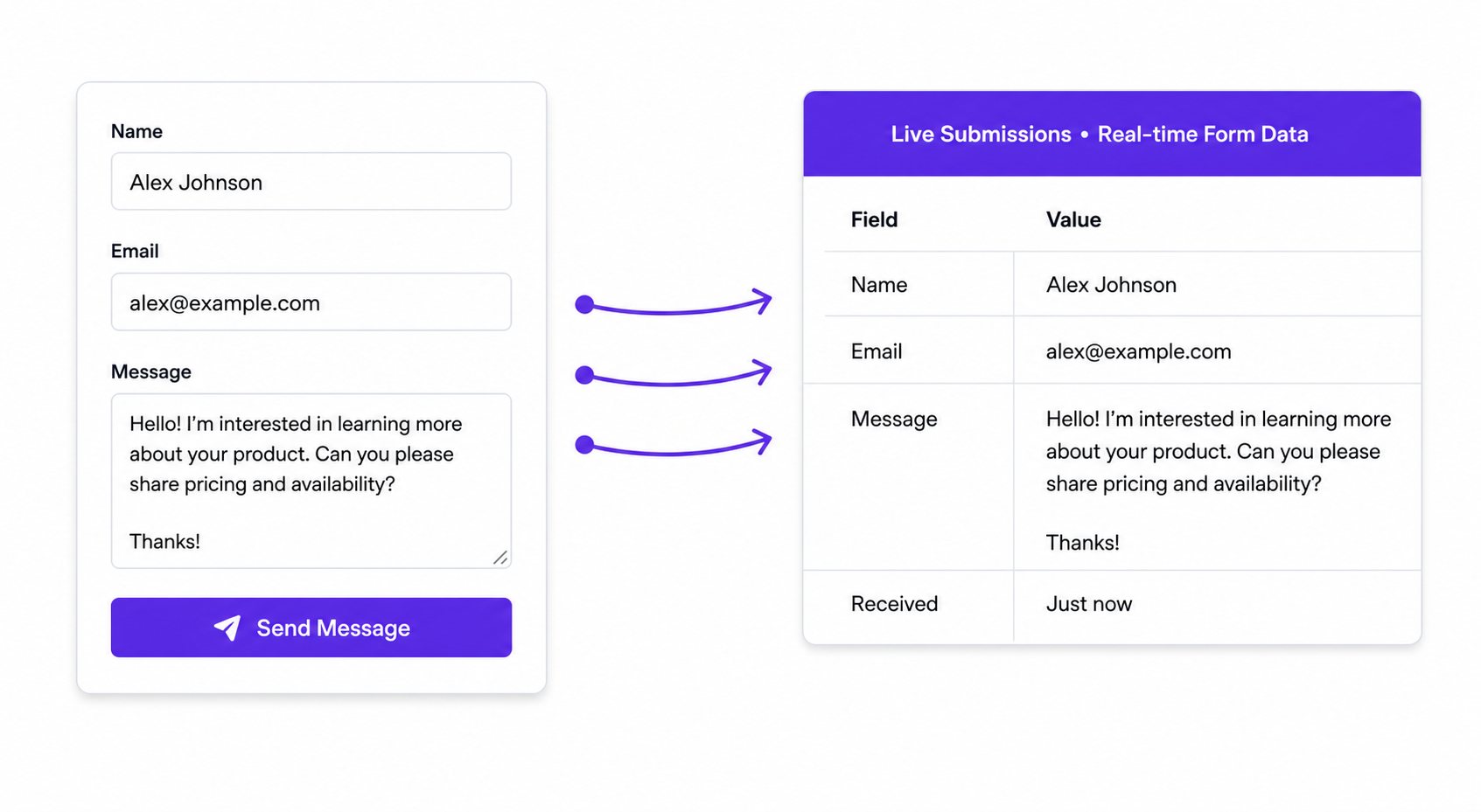 Form submissions captured and displayed in WidgetJar dashboard