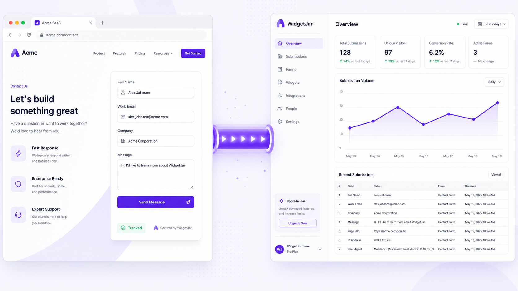 WidgetJar Detected Form Widget — side-by-side view of a website form and its analytics dashboard