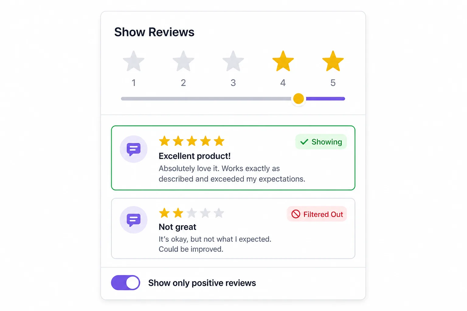 Filter Google reviews by star rating — show only 4 and 5 star reviews