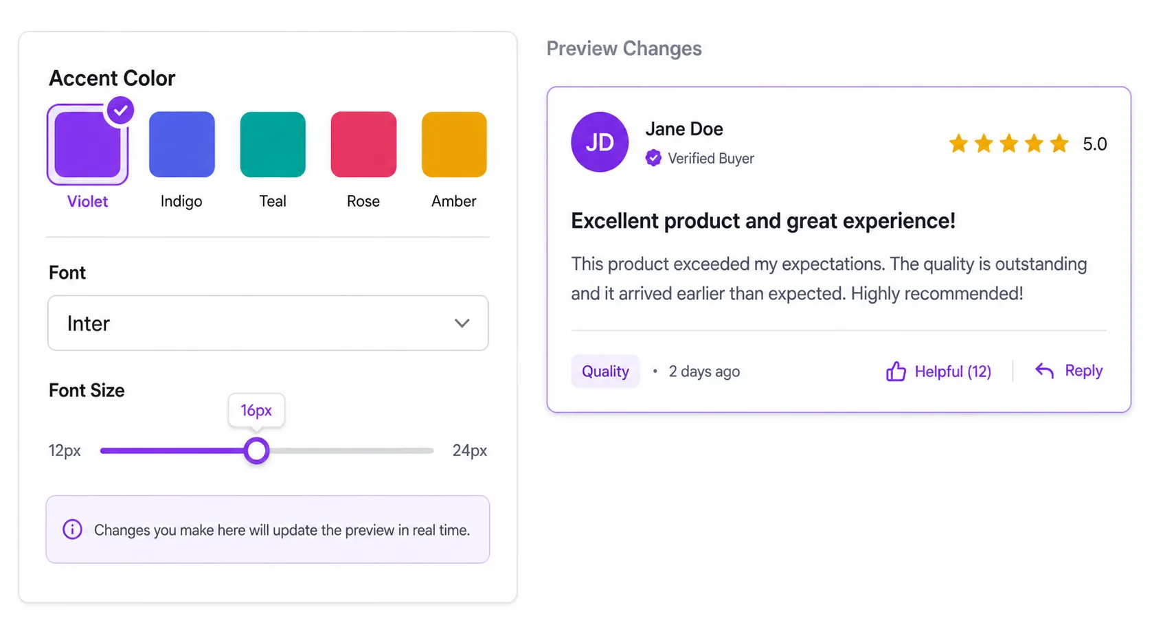 Full style control — customize colors, fonts, card backgrounds to match your brand