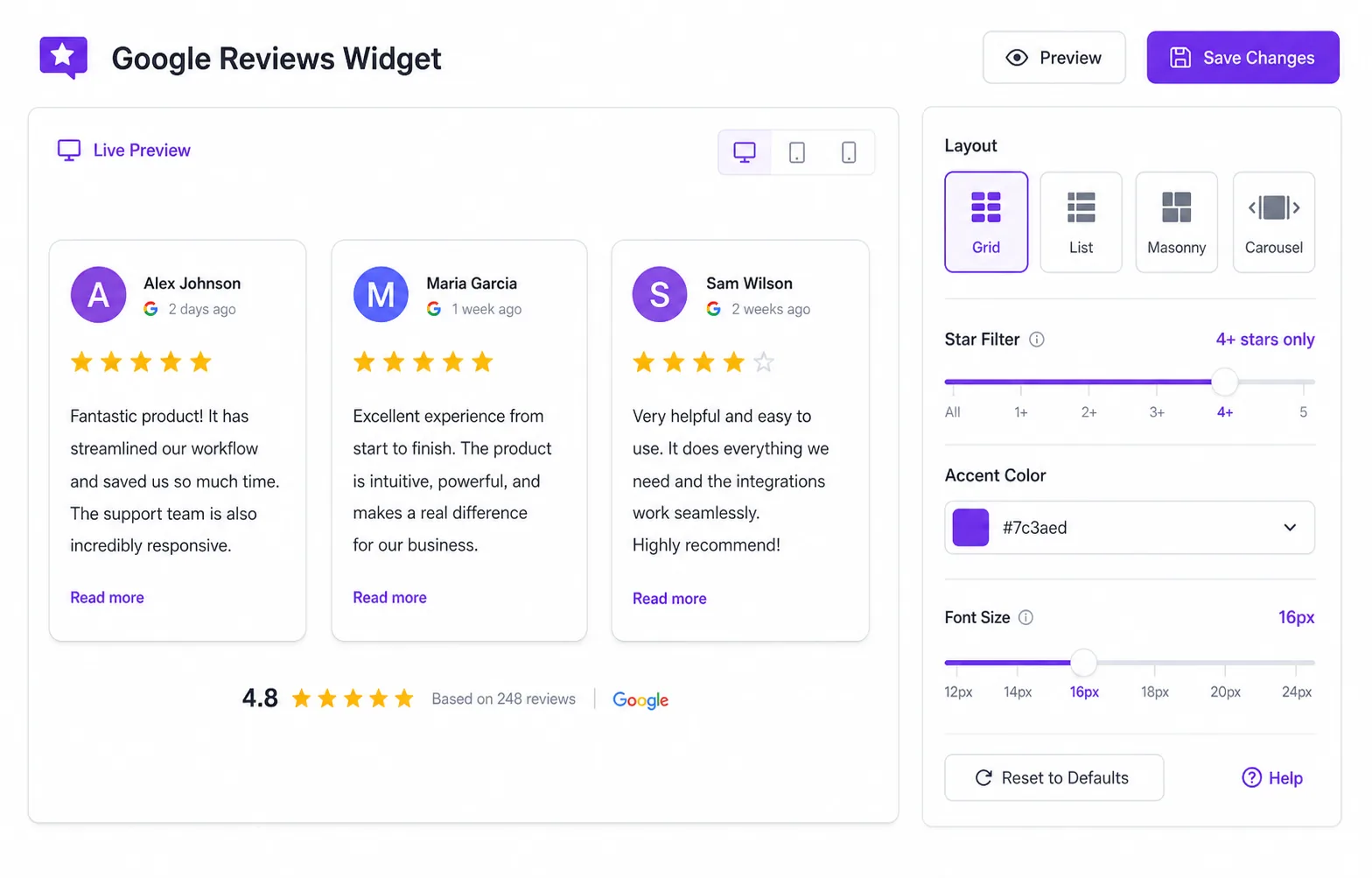 Choose layout and filter Google reviews by star rating in WidgetJar