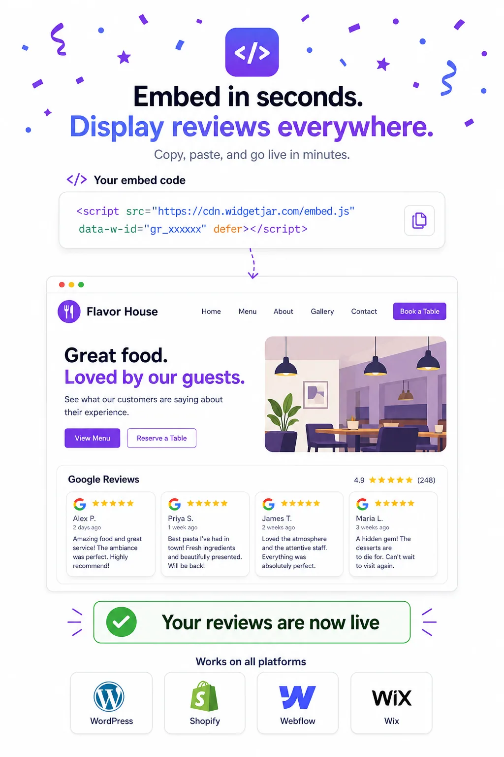 Embed Google Reviews widget on your website with a single script tag