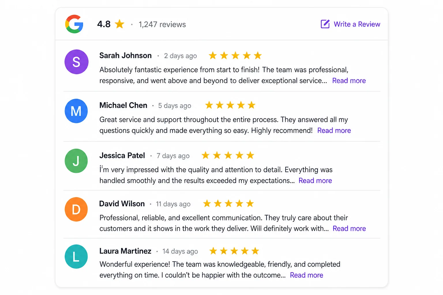 Google Reviews List Layout — vertical list of reviews