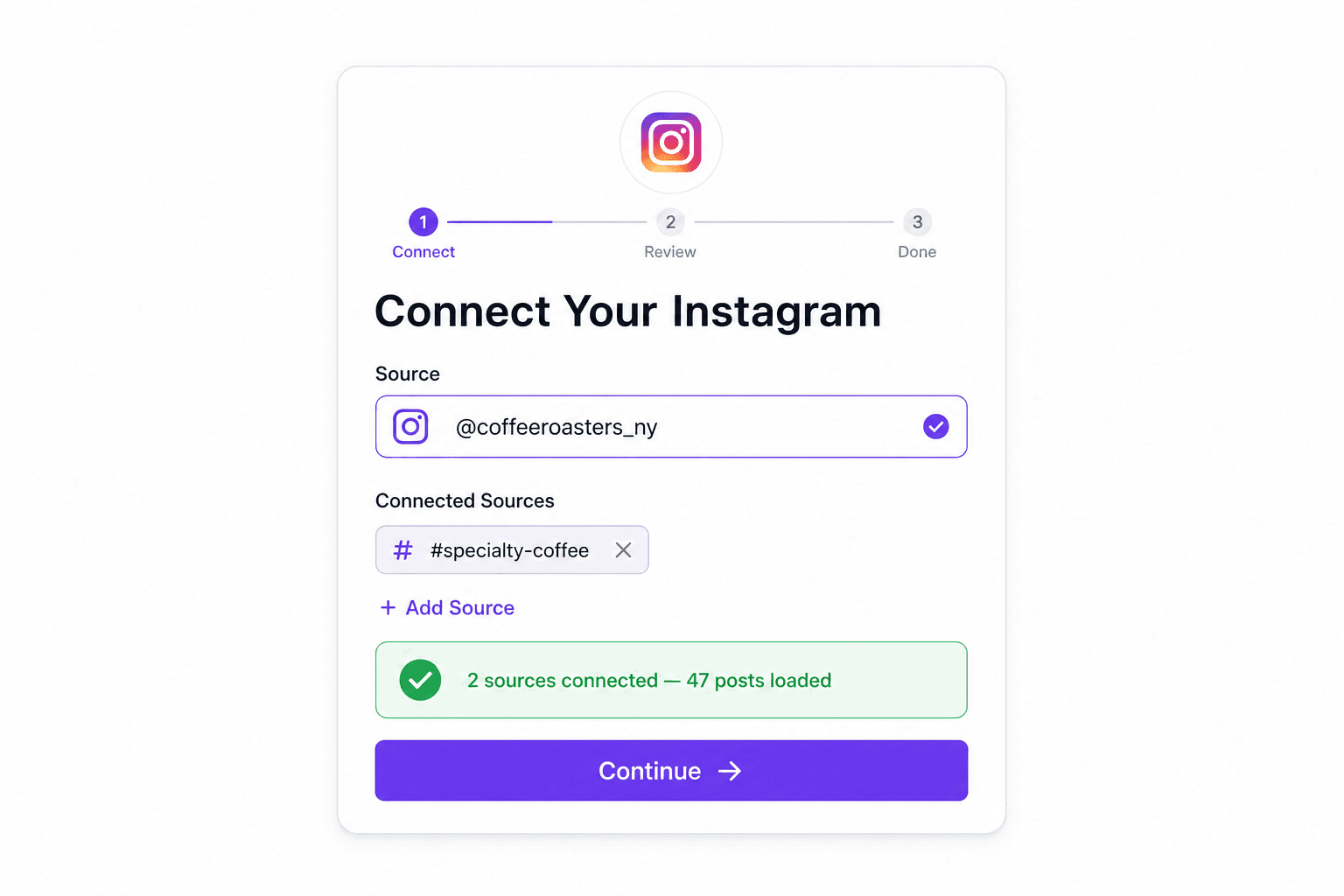 Connect Instagram account to WidgetJar — enter username or hashtag