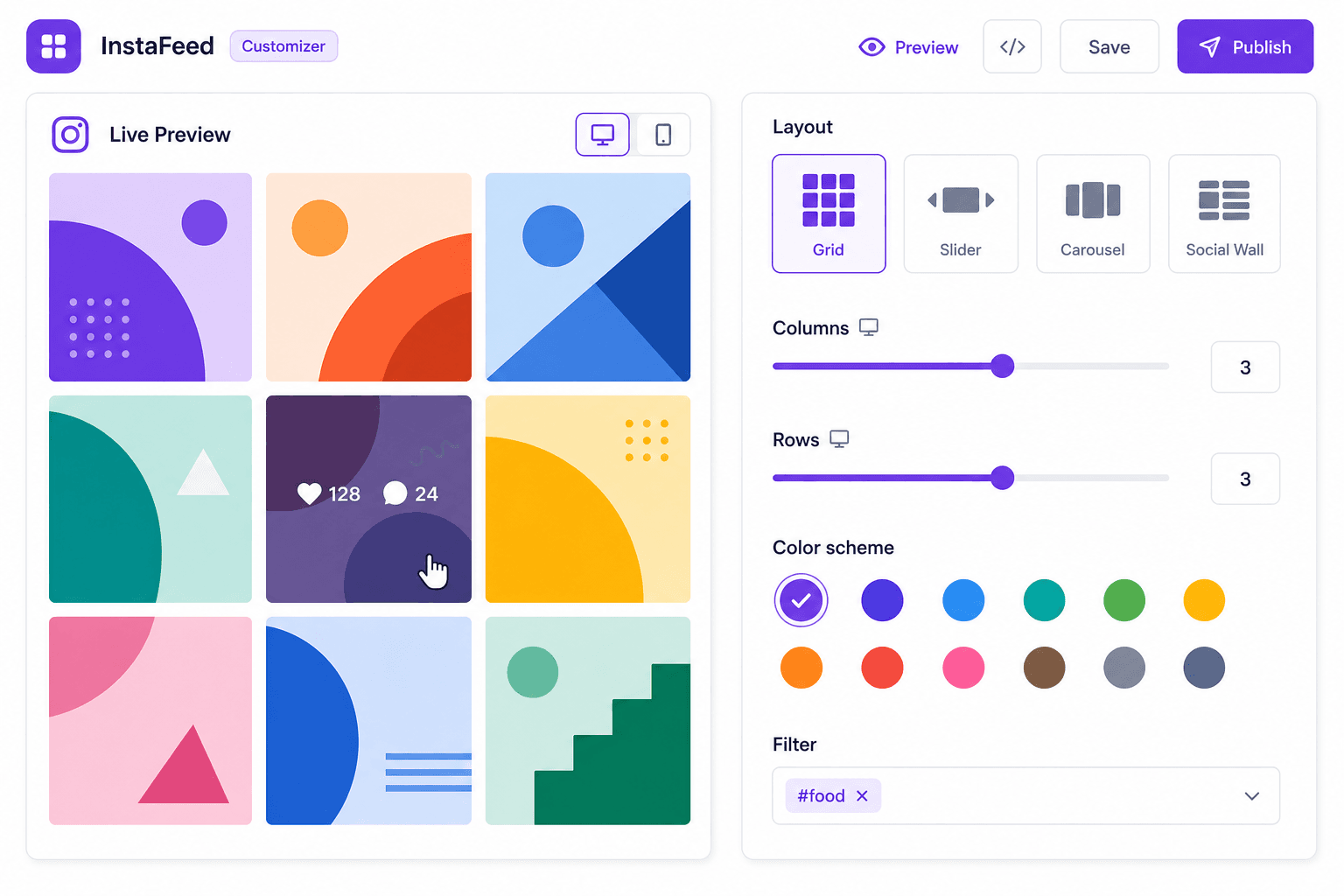 Customize Instagram feed layout — grid, slider, carousel or social wall