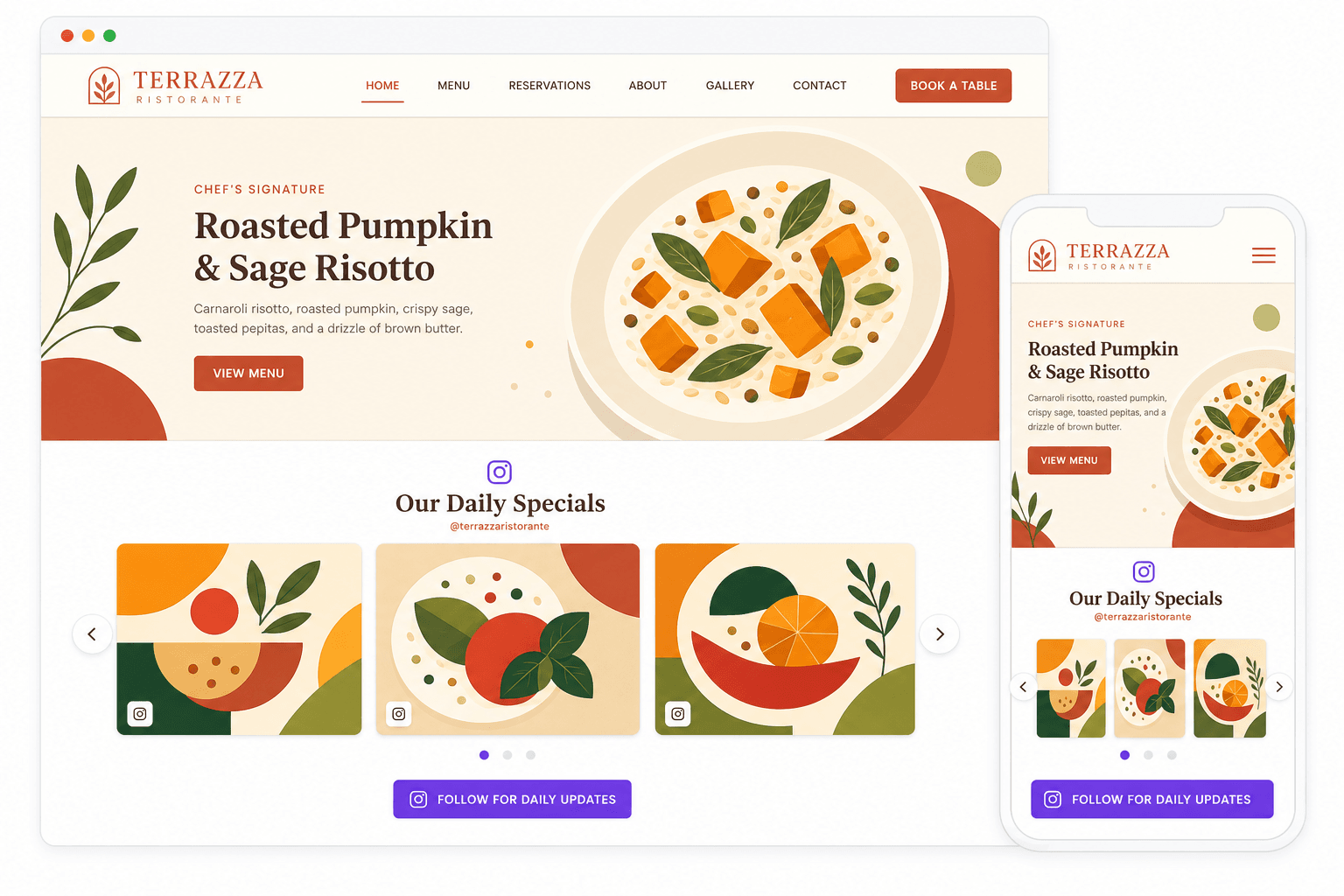 Restaurant website with Instagram food photos embedded to drive reservations