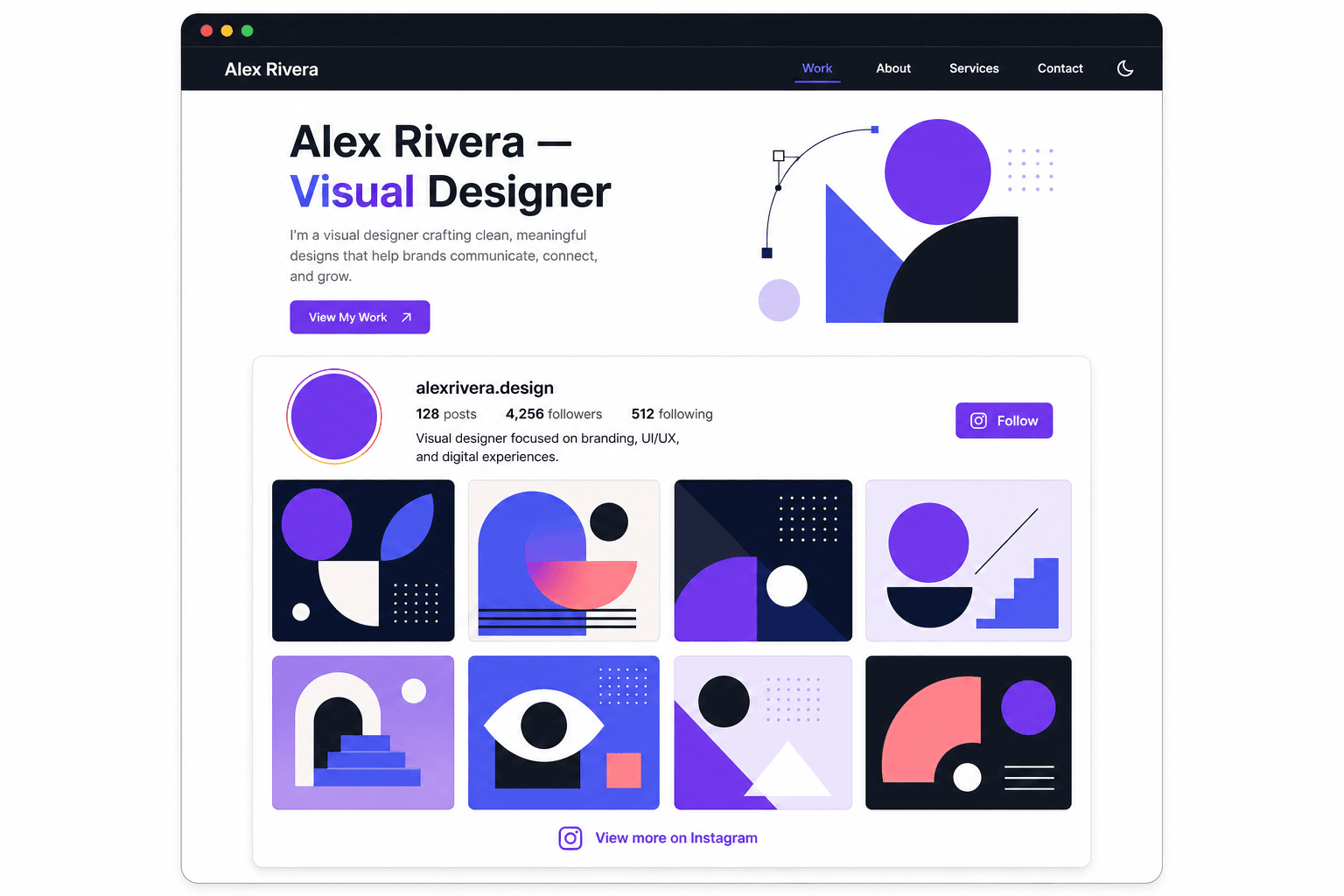 Creator portfolio website showing Instagram feed to grow follower count