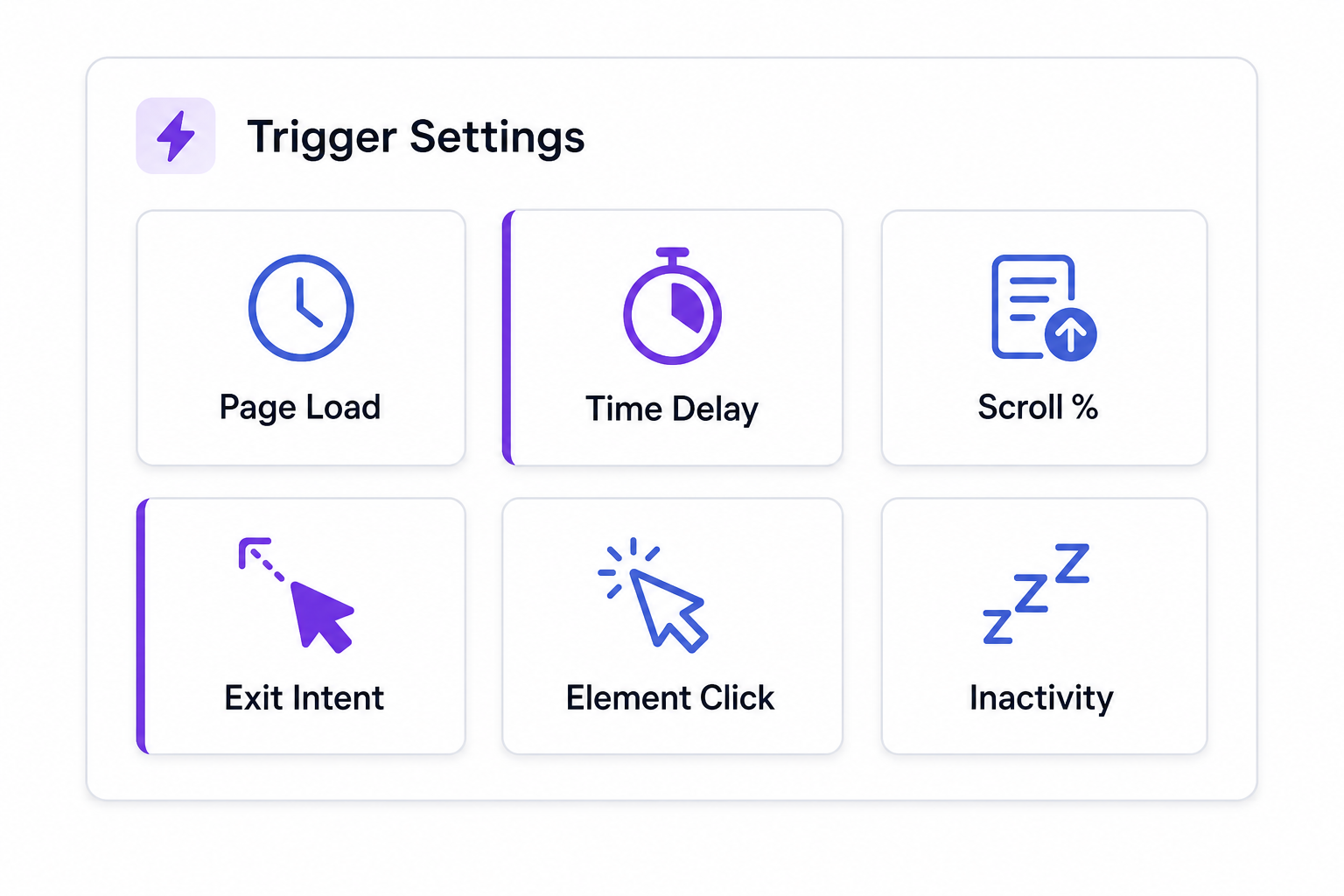 6 smart trigger options — time delay, scroll, exit intent, click, page load, inactivity