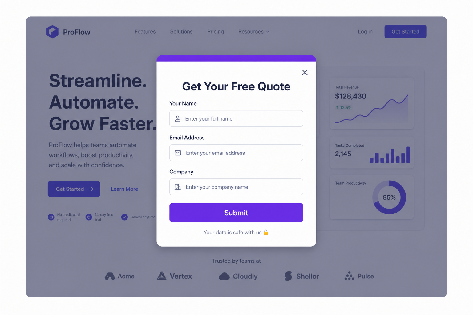 Built-in lead capture form inside popup