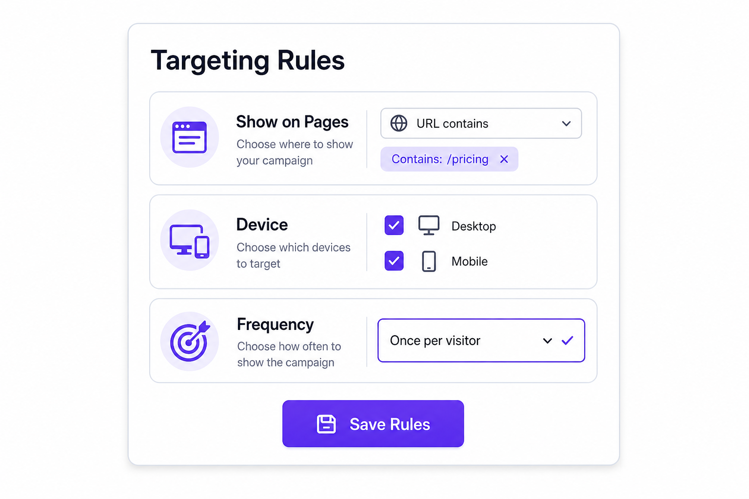 Precise targeting rules — pages, device type, frequency