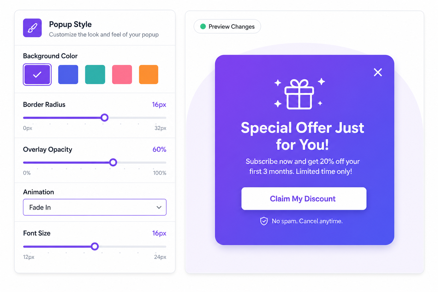 Full design control — colors, fonts, layout, animation