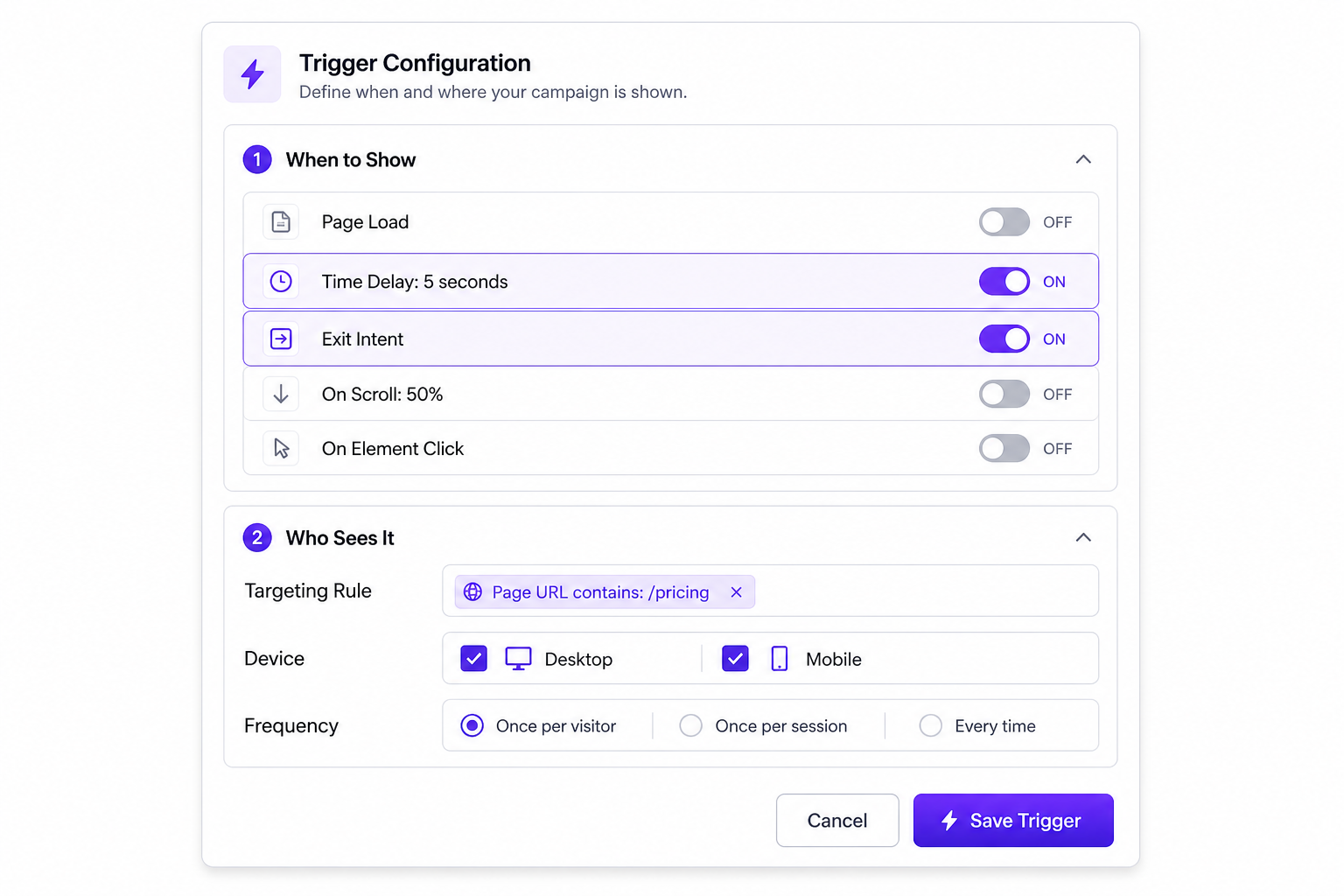 Set popup triggers and targeting rules — scroll, time delay, exit intent, click