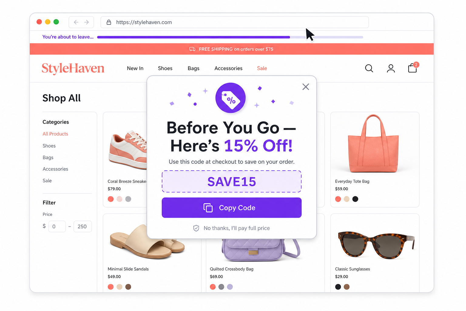 E-commerce popup — exit intent discount and newsletter signup