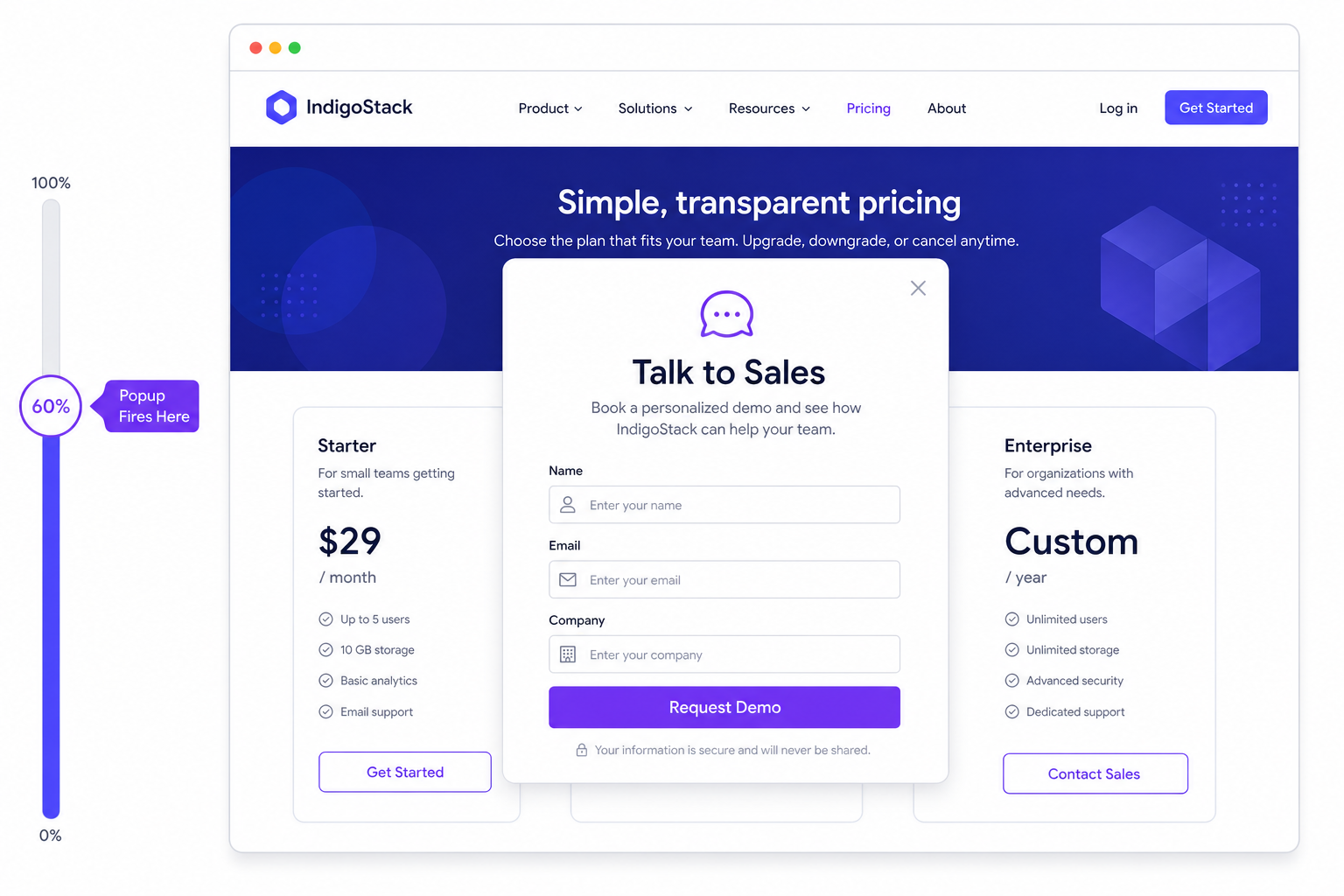 SaaS lead generation popup — scroll trigger and lead capture form