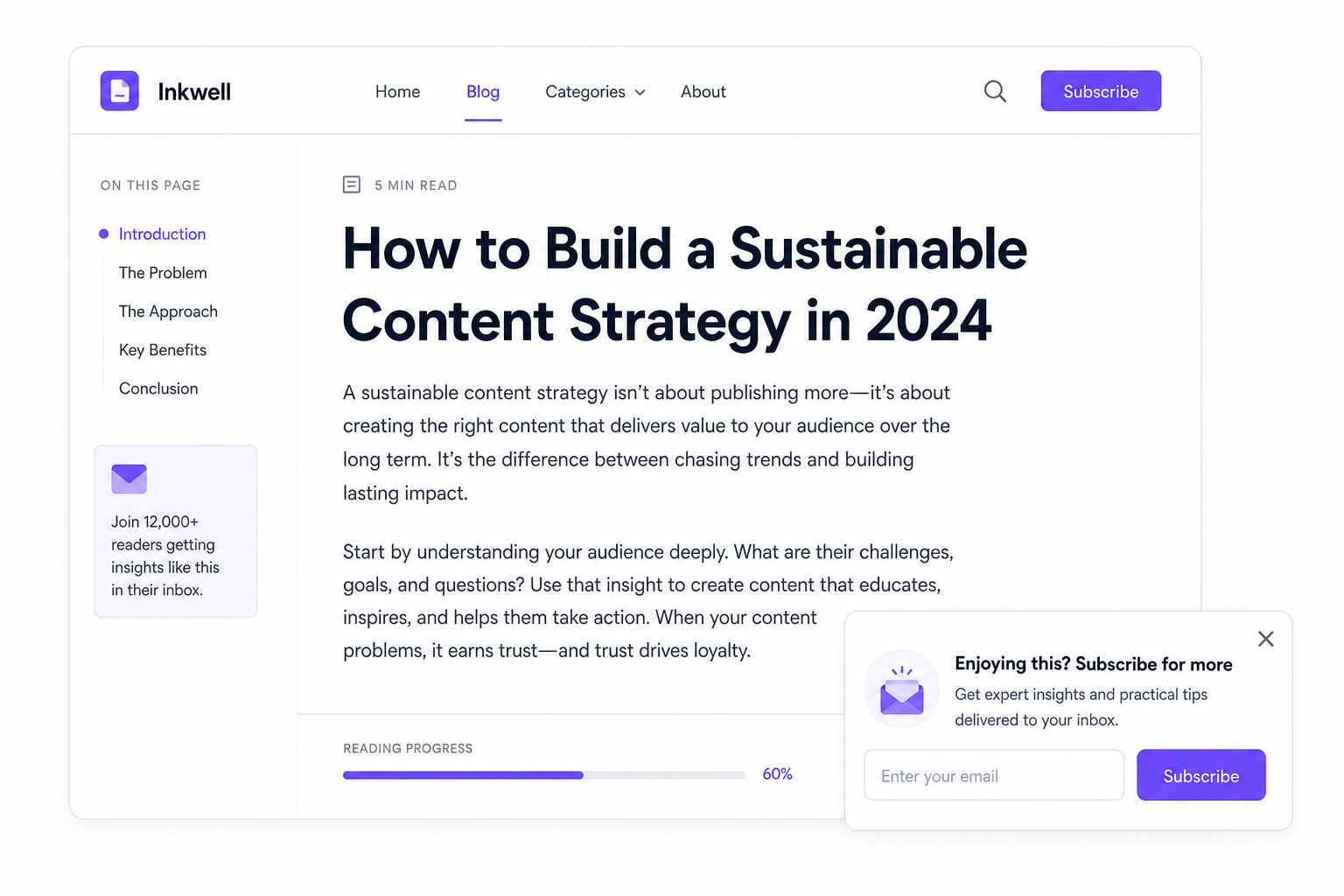 Content and blog popup — newsletter subscription after reading
